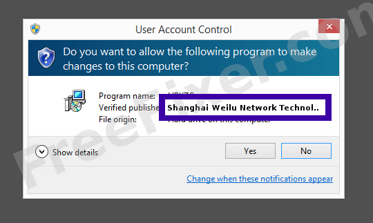 Screenshot where Shanghai Weilu Network Technology Co., Ltd. appears as the verified publisher in the UAC dialog